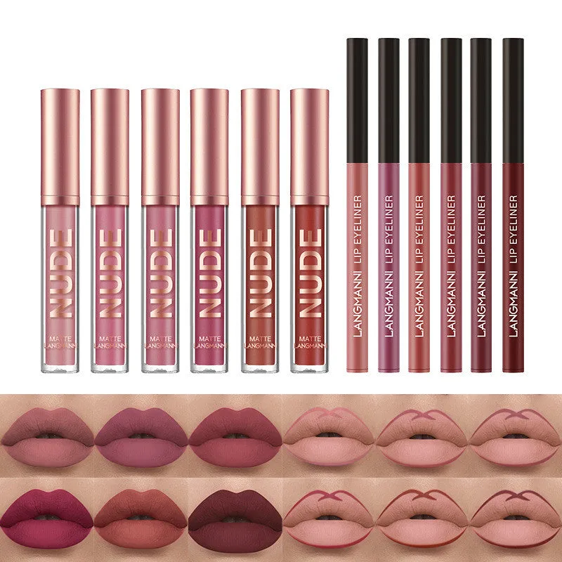 12 Pcs  Waterproof Long Lasting Matte Lipstick Set (6 Matte Lipstick 6 Lip Liner Pens)