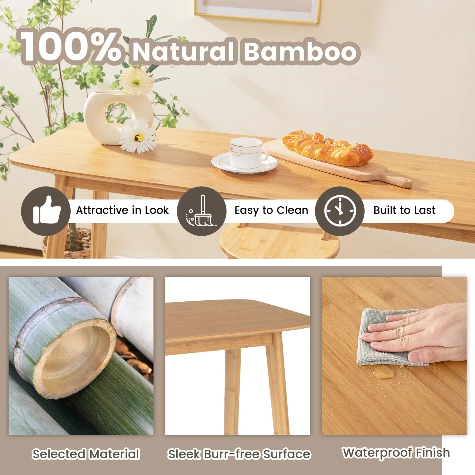 120x45x99cm Bamboo Bar Table with Footrest and Footpads for Home Kitchen