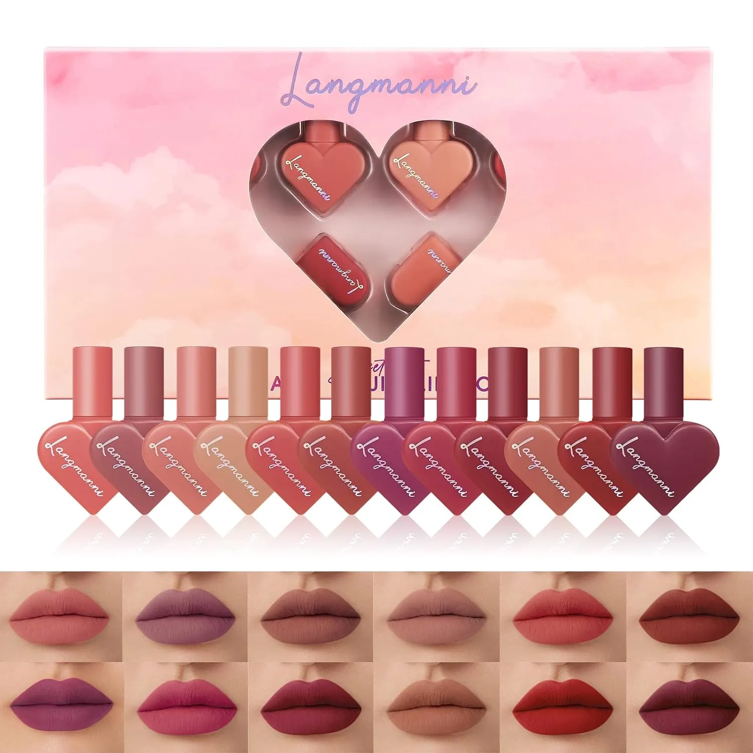 12pcs Heart Shape Matte Velvet Lip Gloss Waterproof & Long-lasting Lip Gloss