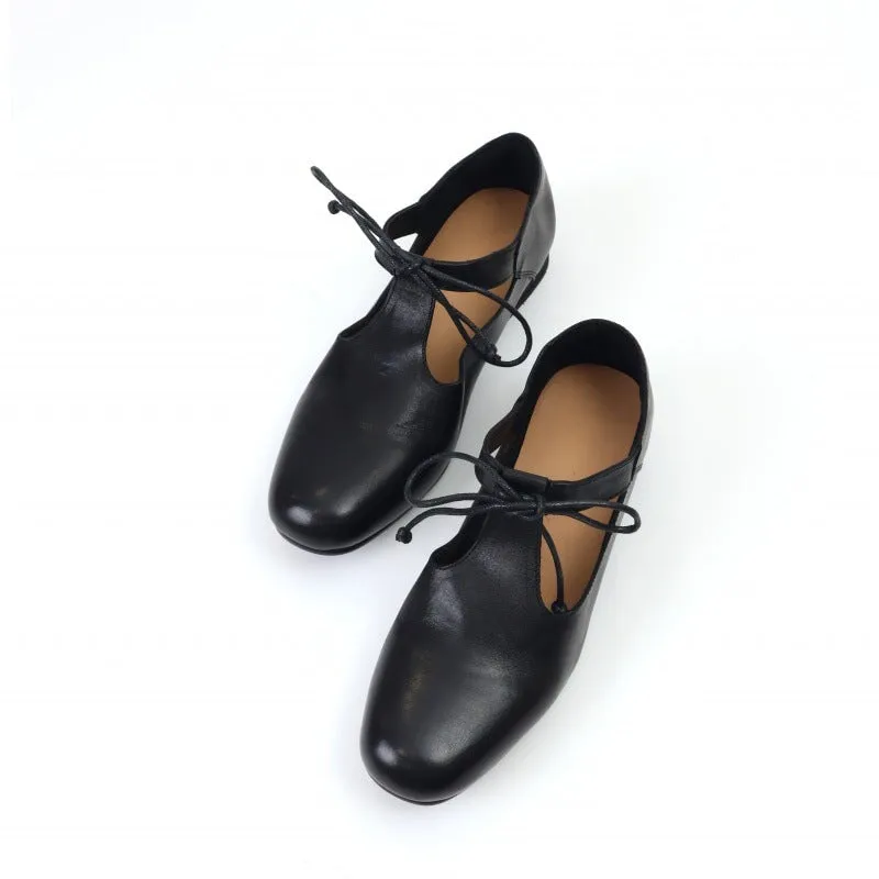 30mm Block Heel Leather Lace Up Mary Jane Shoes Handmade in Black