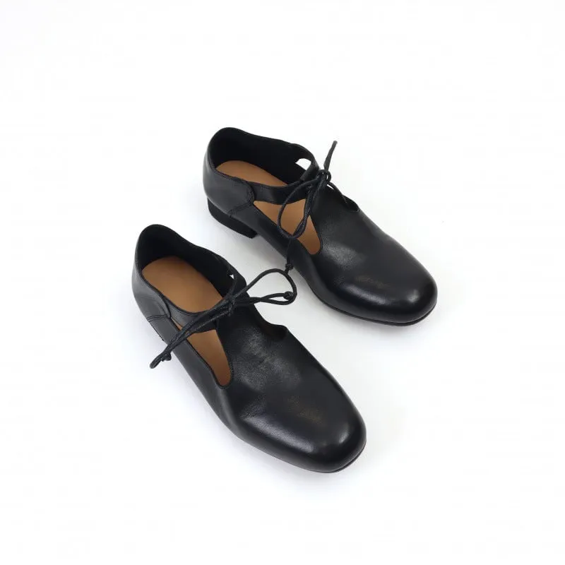 30mm Block Heel Leather Lace Up Mary Jane Shoes Handmade in Black