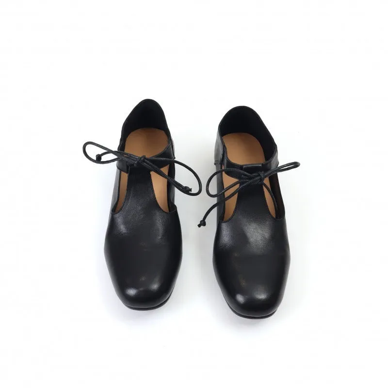 30mm Block Heel Leather Lace Up Mary Jane Shoes Handmade in Black