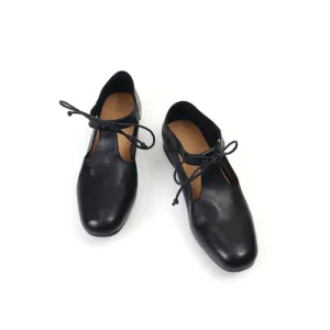 30mm Block Heel Leather Lace Up Mary Jane Shoes Handmade in Black