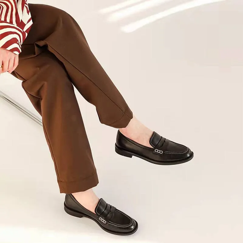 Academic Style Soft Leather Penny Loafers for Women in Brown/Black/White