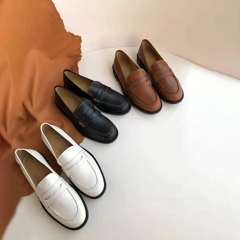 Academic Style Soft Leather Penny Loafers for Women in Brown/Black/White