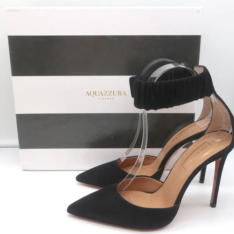 Aquazzura Liberty 105 Pumps Black Suede Size 37 Ankle Strap Heels NEW