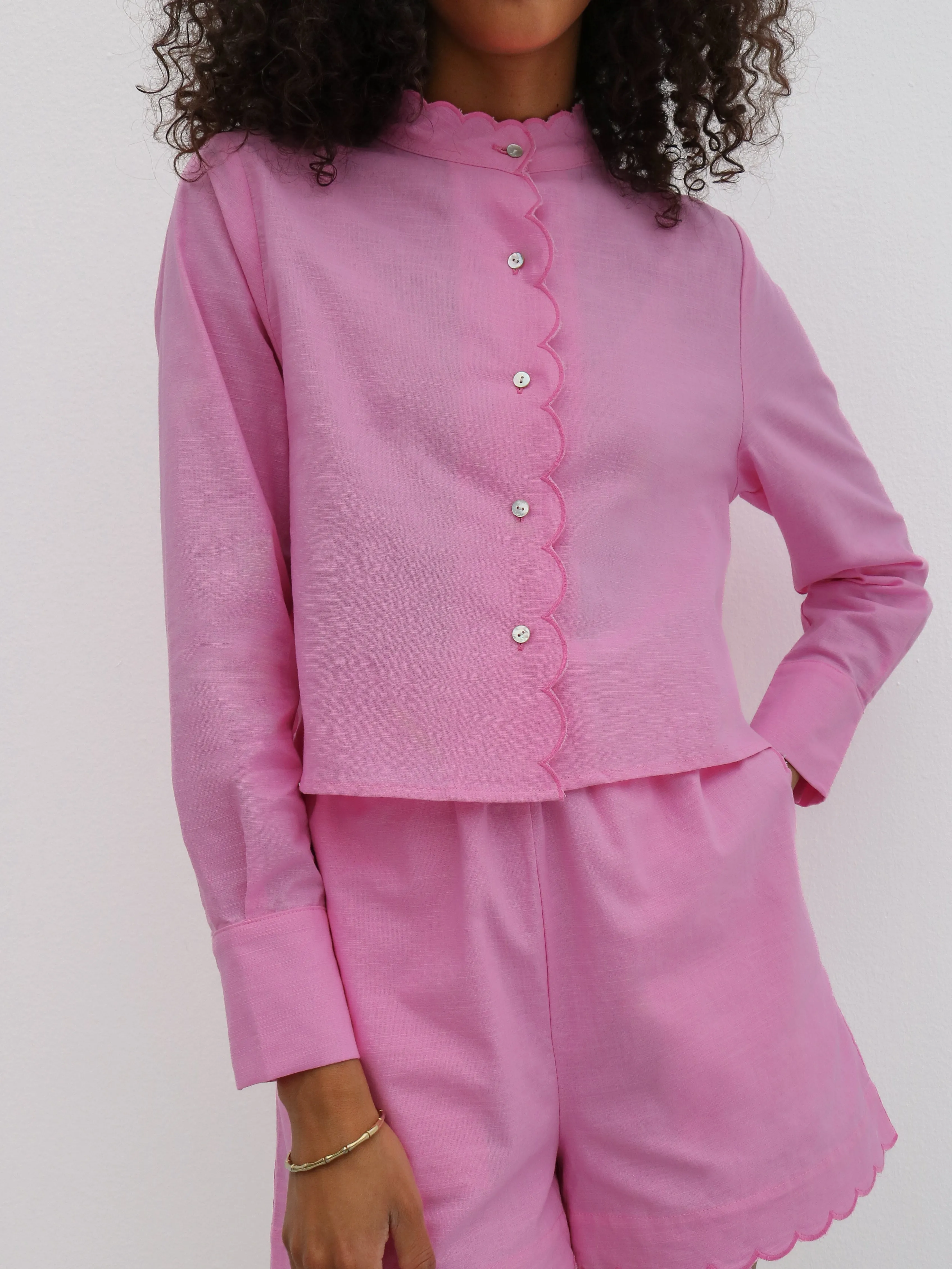 Aveline Scalloped Edge Linen Shirt | Orchid Pink