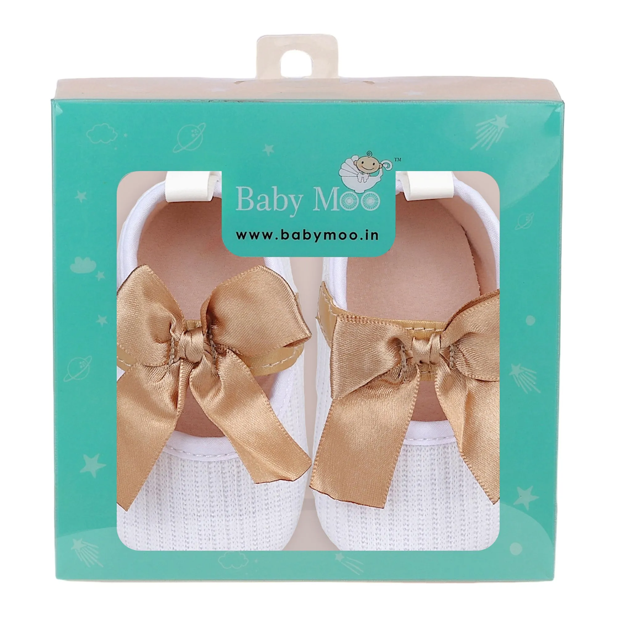 Baby Moo Bow Knot Velcro Strap Ribbed Anti-Skid Ballerina Booties - White