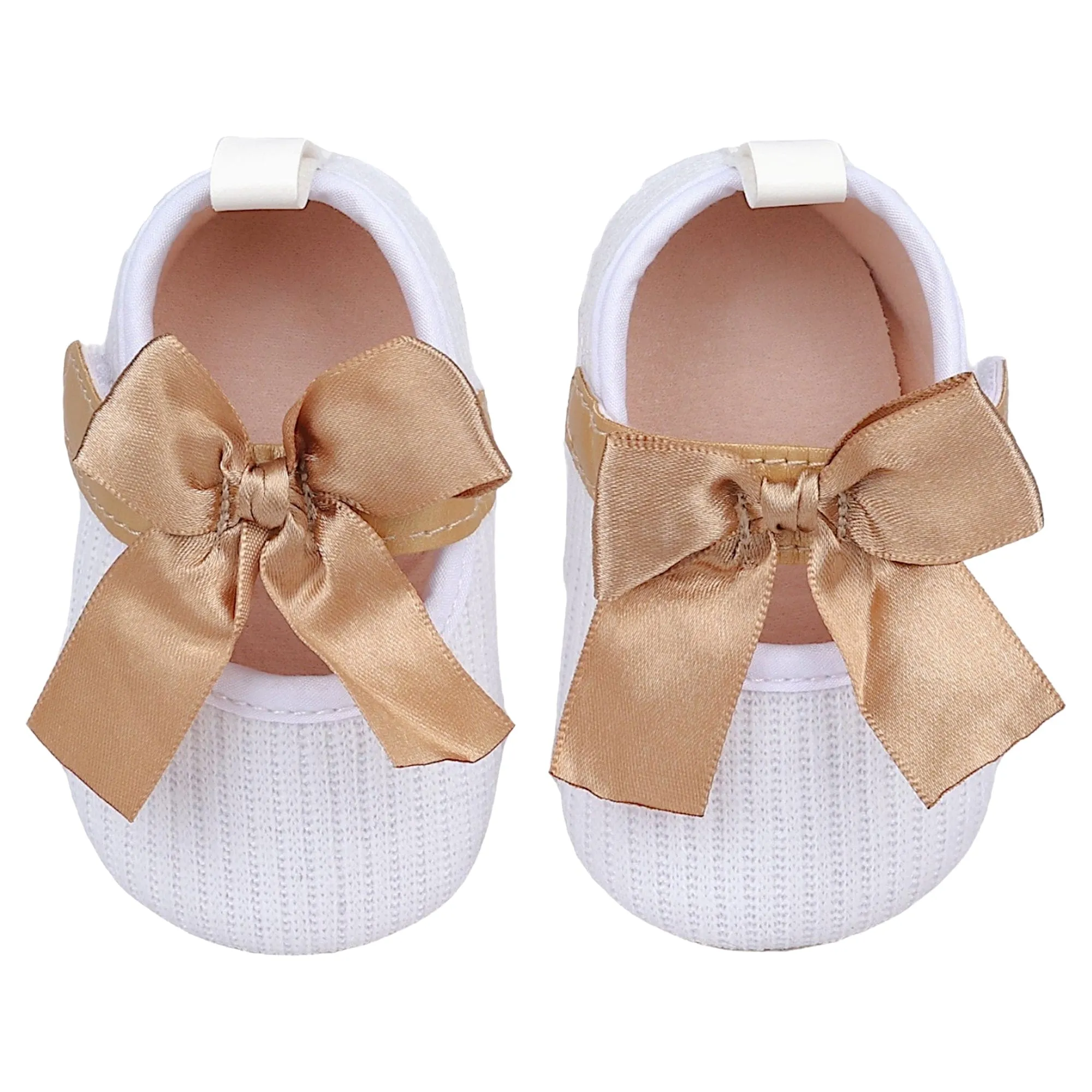 Baby Moo Bow Knot Velcro Strap Ribbed Anti-Skid Ballerina Booties - White