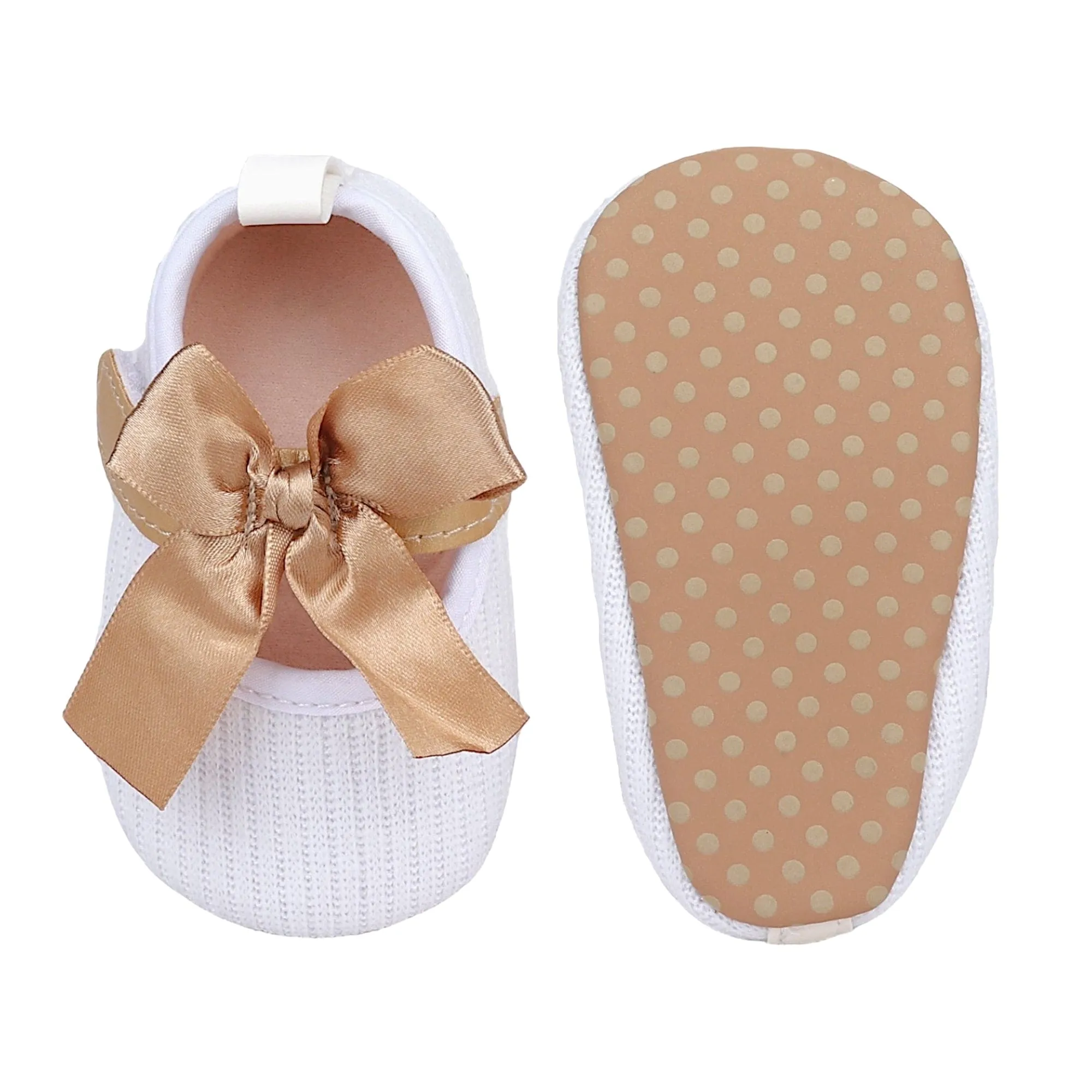 Baby Moo Bow Knot Velcro Strap Ribbed Anti-Skid Ballerina Booties - White