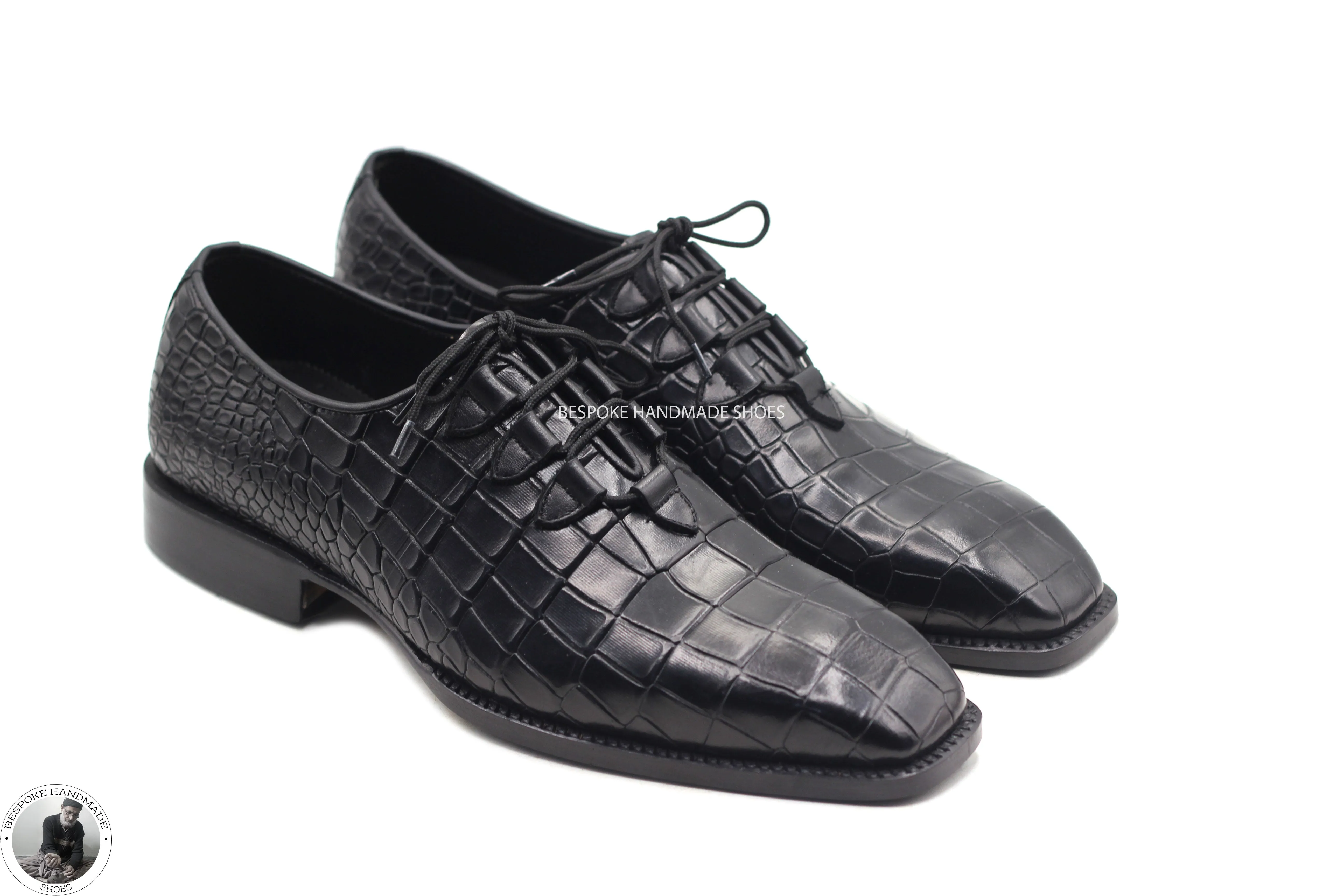 Bespoke Premium Quality Black Alligator Print Leather Oxford Lace up Party Wear Shoes