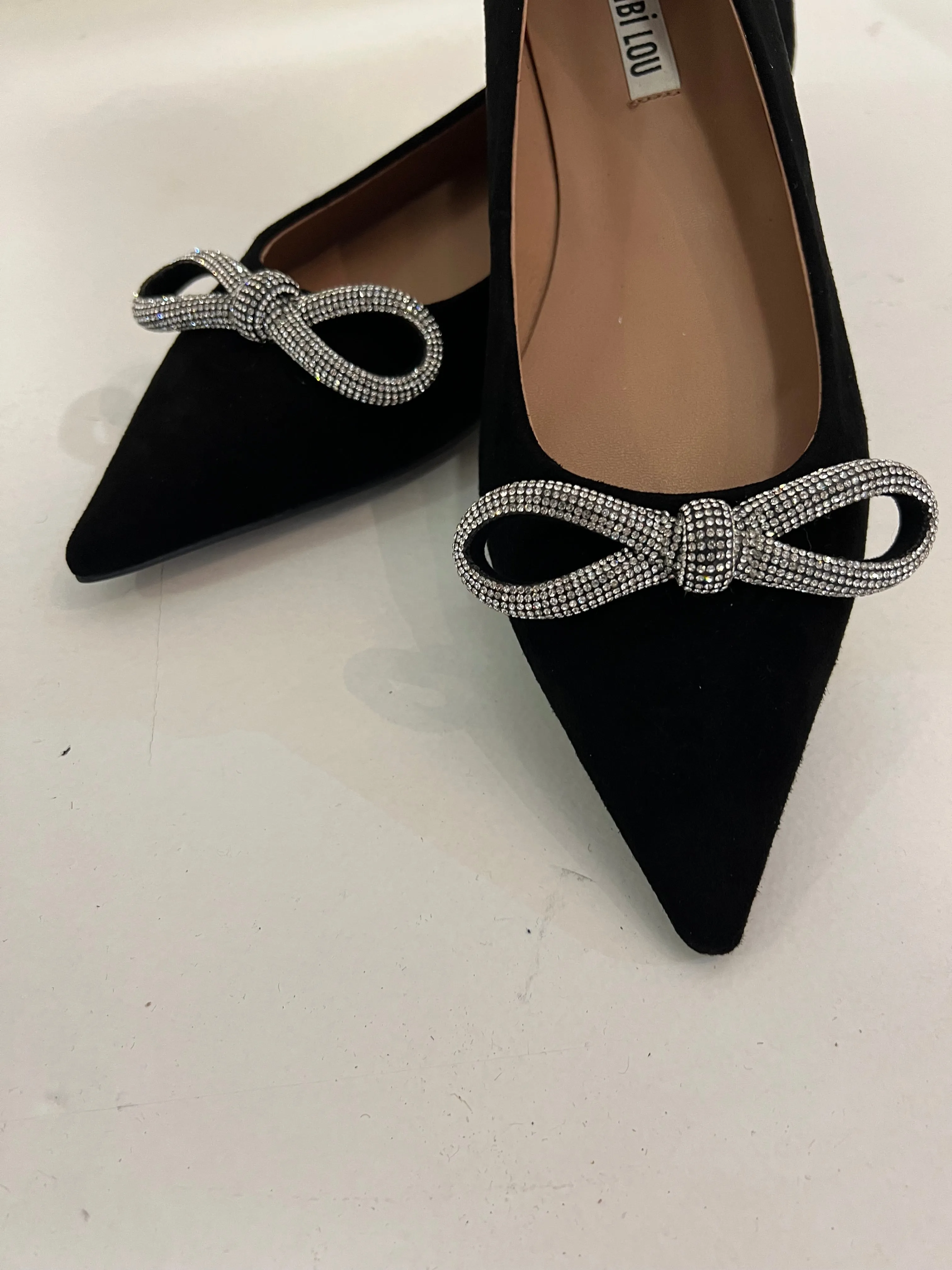 Bibi Lou Black Suede Flat Crystal Bow Ballerina