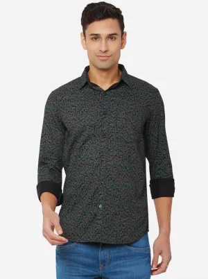 Black & Seagreen Printed Slim Fit Semi Casual Shirt | JadeBlue