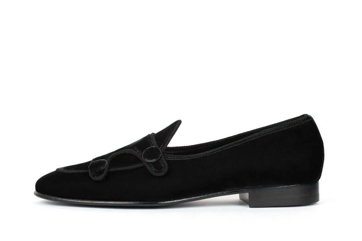 Black Belgina Loafer Velvet Shoes, Double Monk Style Men Party Shoes.