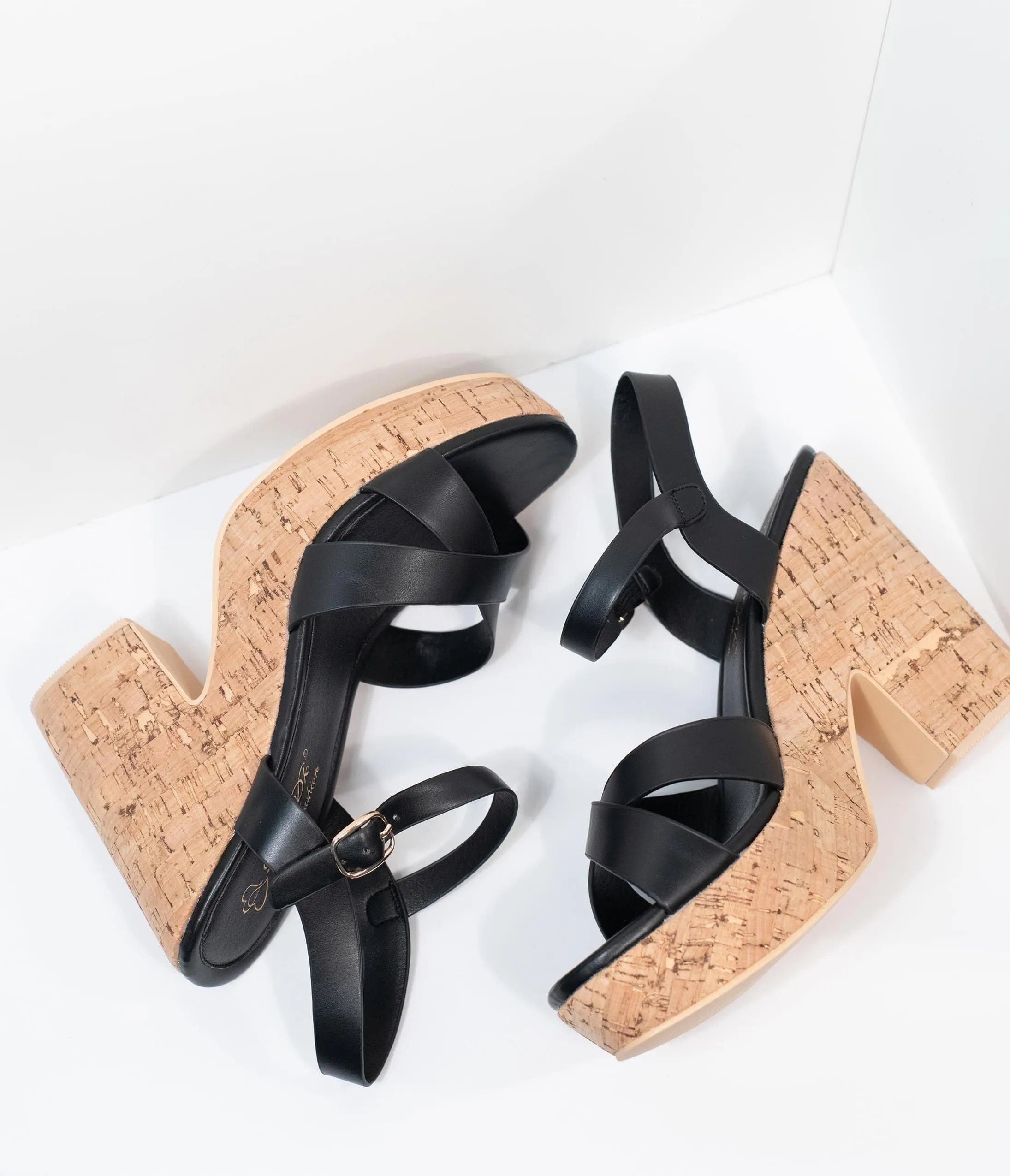 Black Leatherette & Cork Stacked Platform Heels