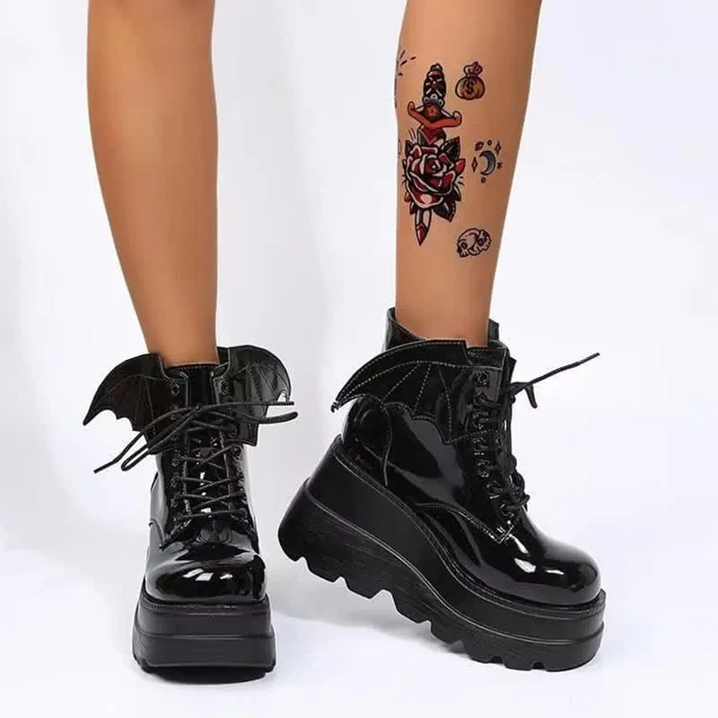 Black Punk Goth Wings Lace Up High Wedge Boots