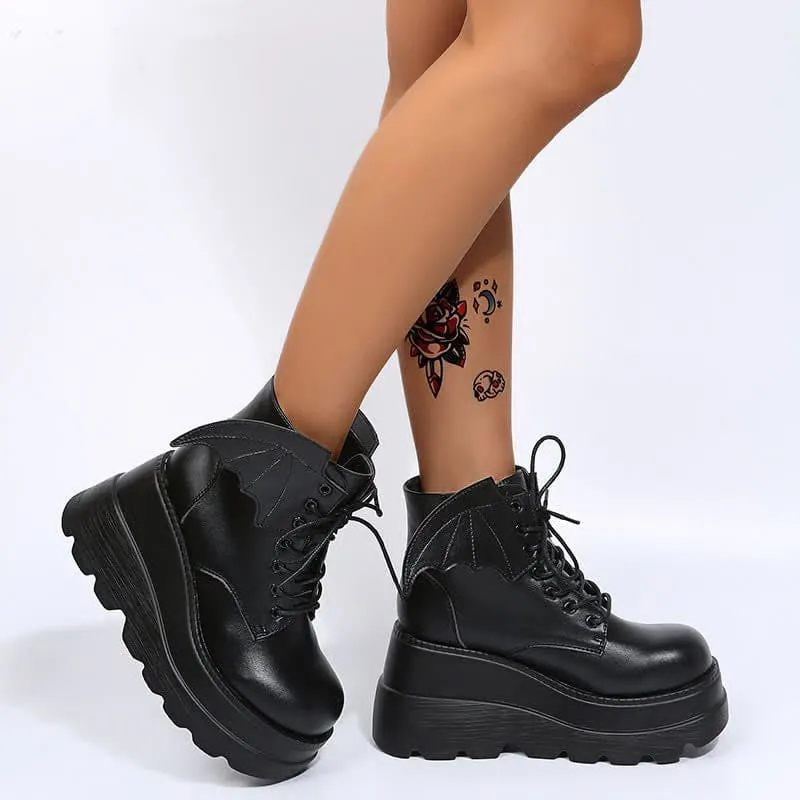 Black Punk Goth Wings Lace Up High Wedge Boots