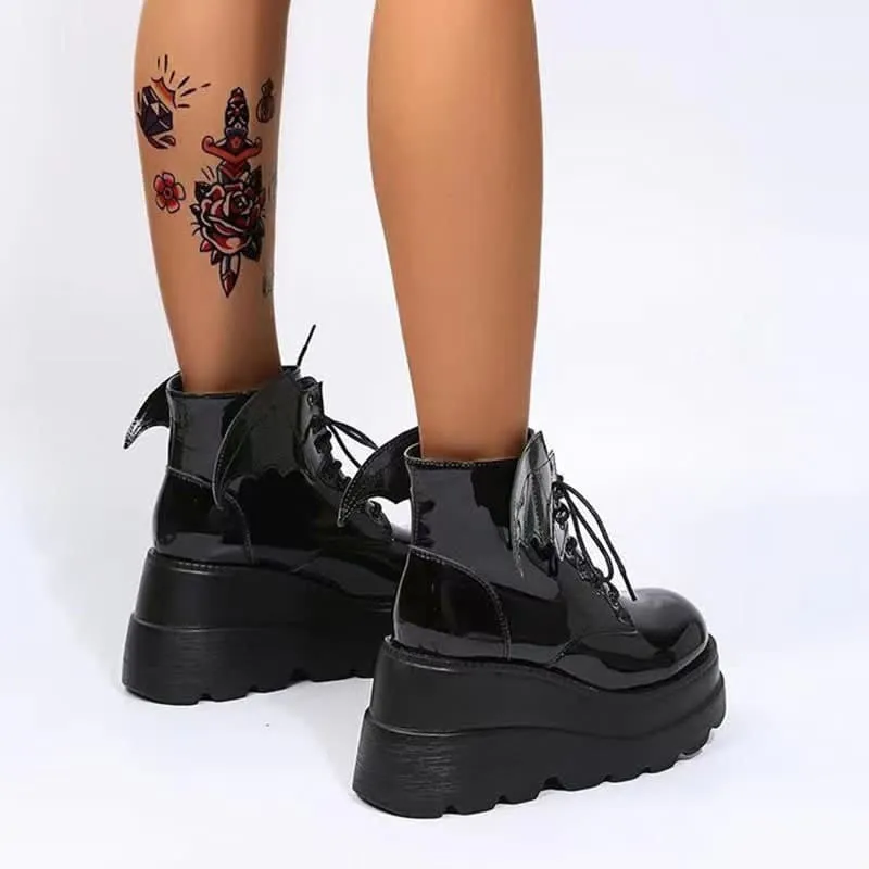 Black Punk Goth Wings Lace Up High Wedge Boots