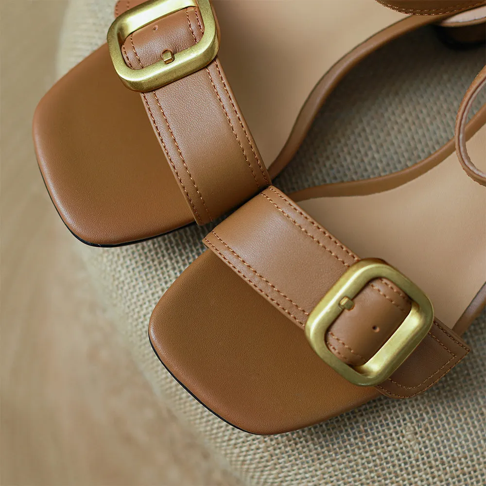 Block Heel Leather sandal Buckle Sandals in Beige/Brown