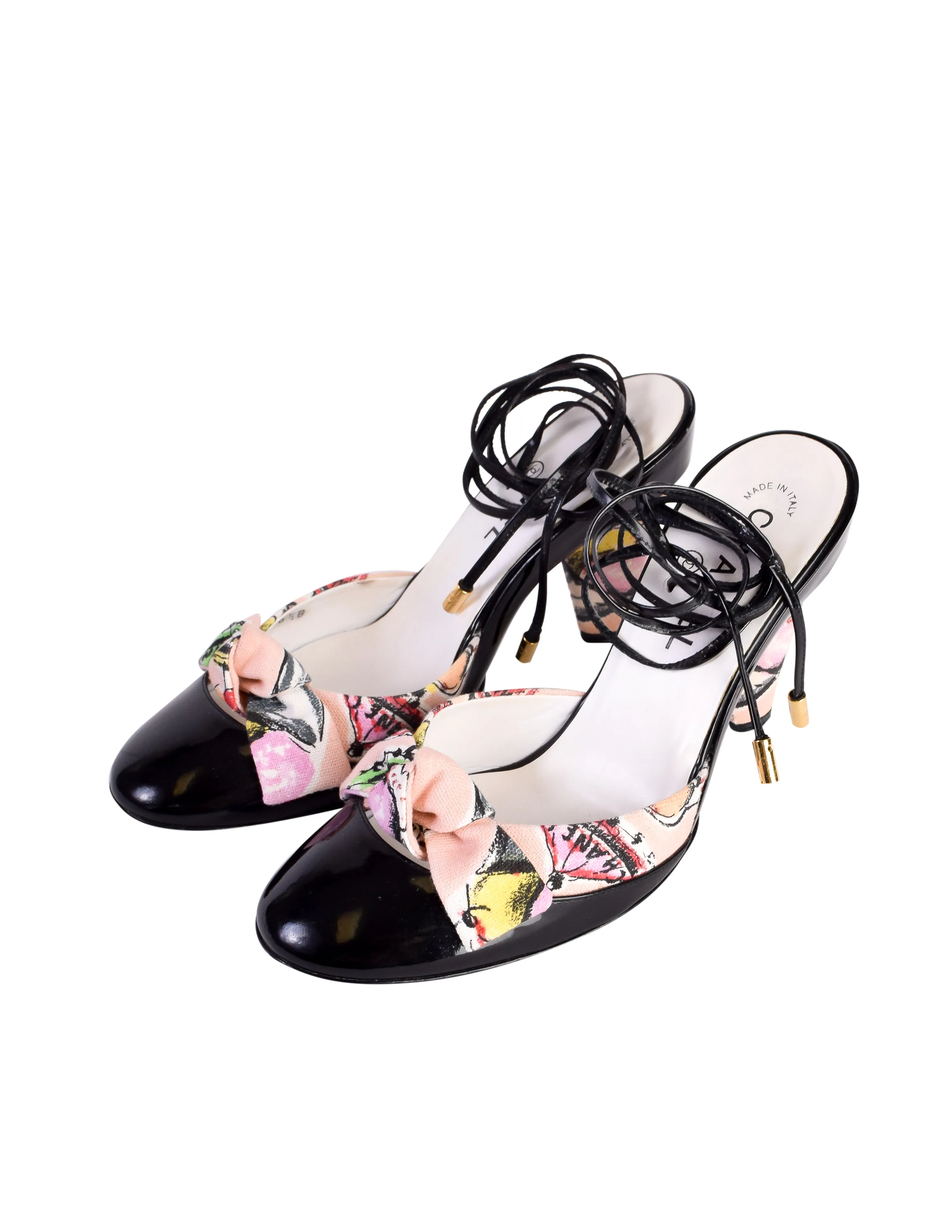 Chanel Vintage Cruise 2004 Pink Ice Cream Print Black Patent Leather Ankle Wrap Bow Heels