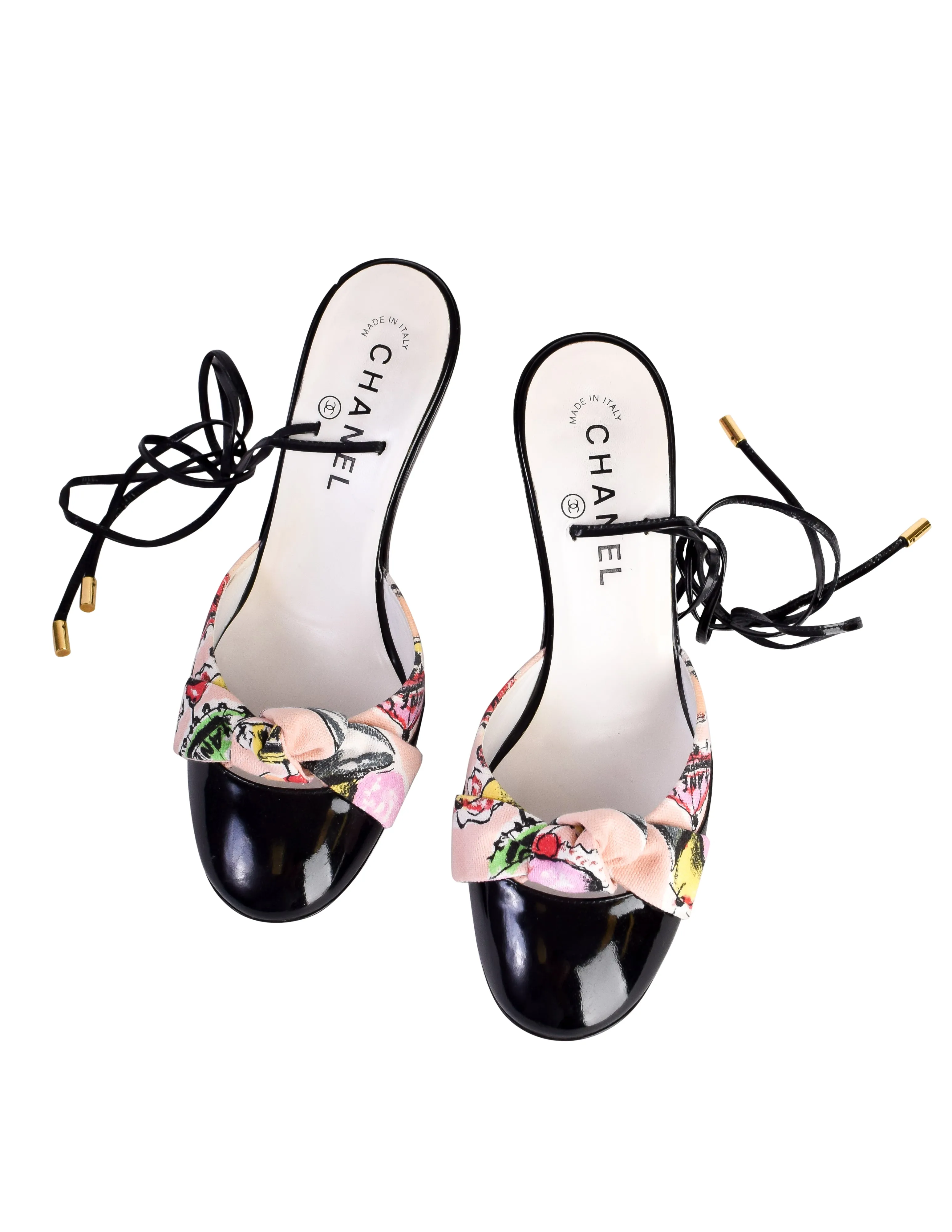 Chanel Vintage Cruise 2004 Pink Ice Cream Print Black Patent Leather Ankle Wrap Bow Heels