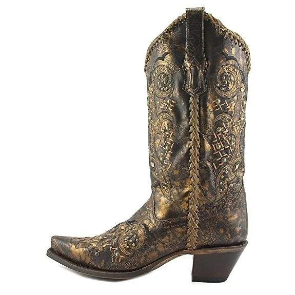 Corral Women's Leather Laced and Studded Snip Toe Cowgirl Boots - R1217