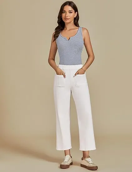 Cream White Women's Cropped Denim High Waisted Jeans Stretch Wide Leg