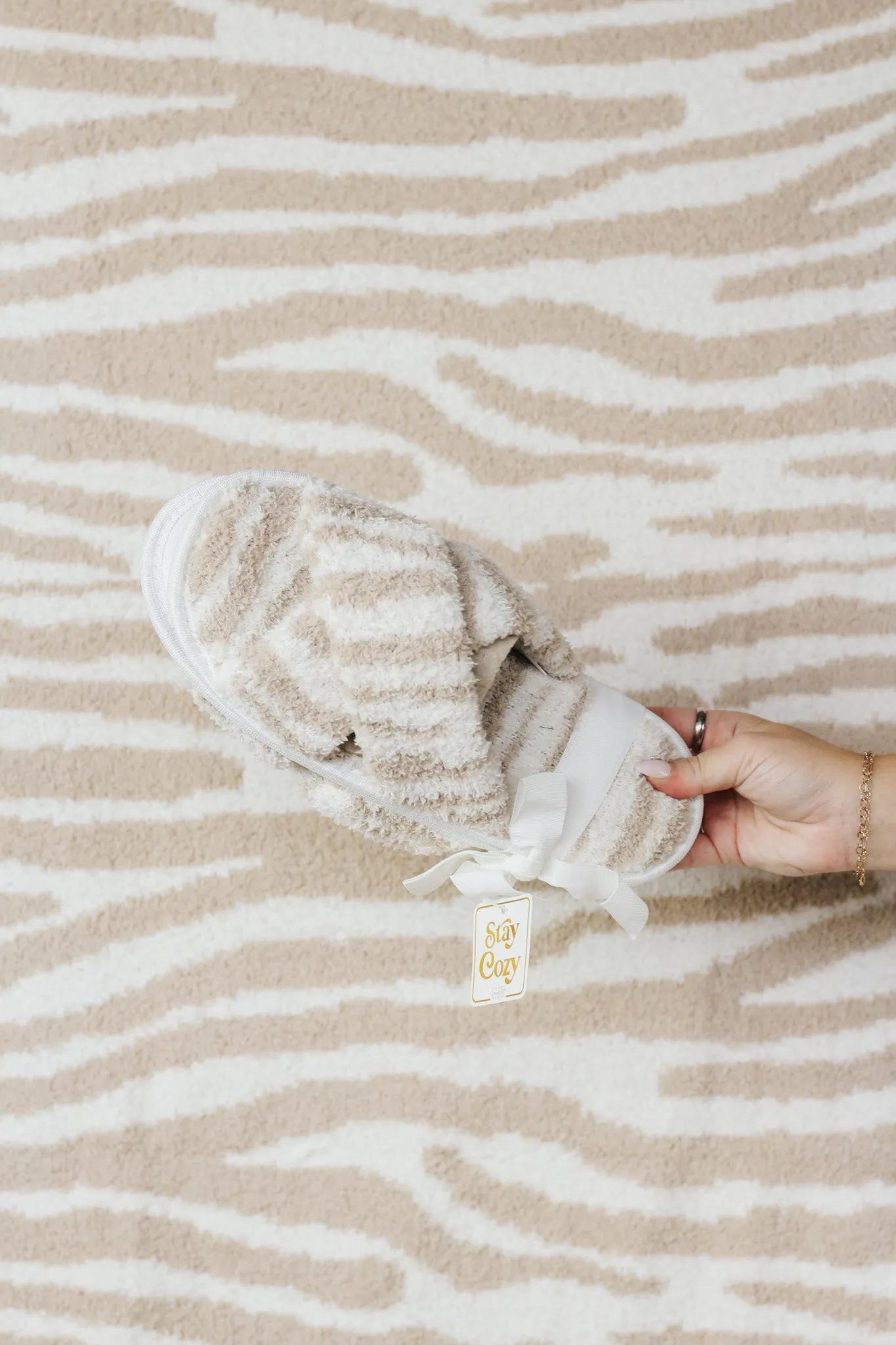 Cream Zebra Chenille Slippers By Mud Pie