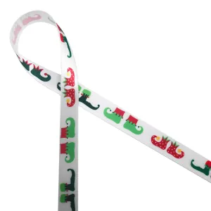 Elf Shoes ribbon printed on 5/8" white single face satin