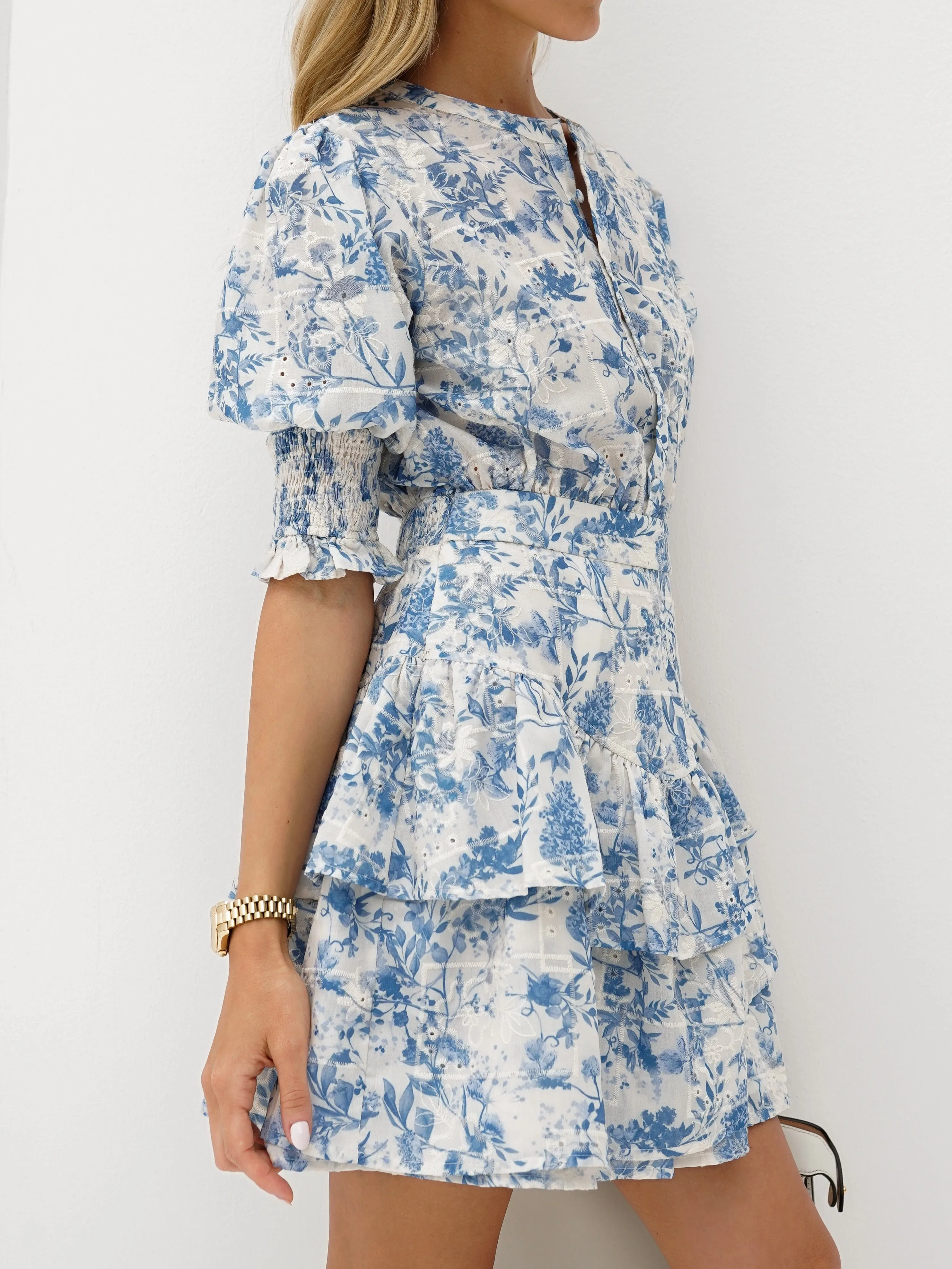 Emily Cotton Tiered Dress | Blue Mix