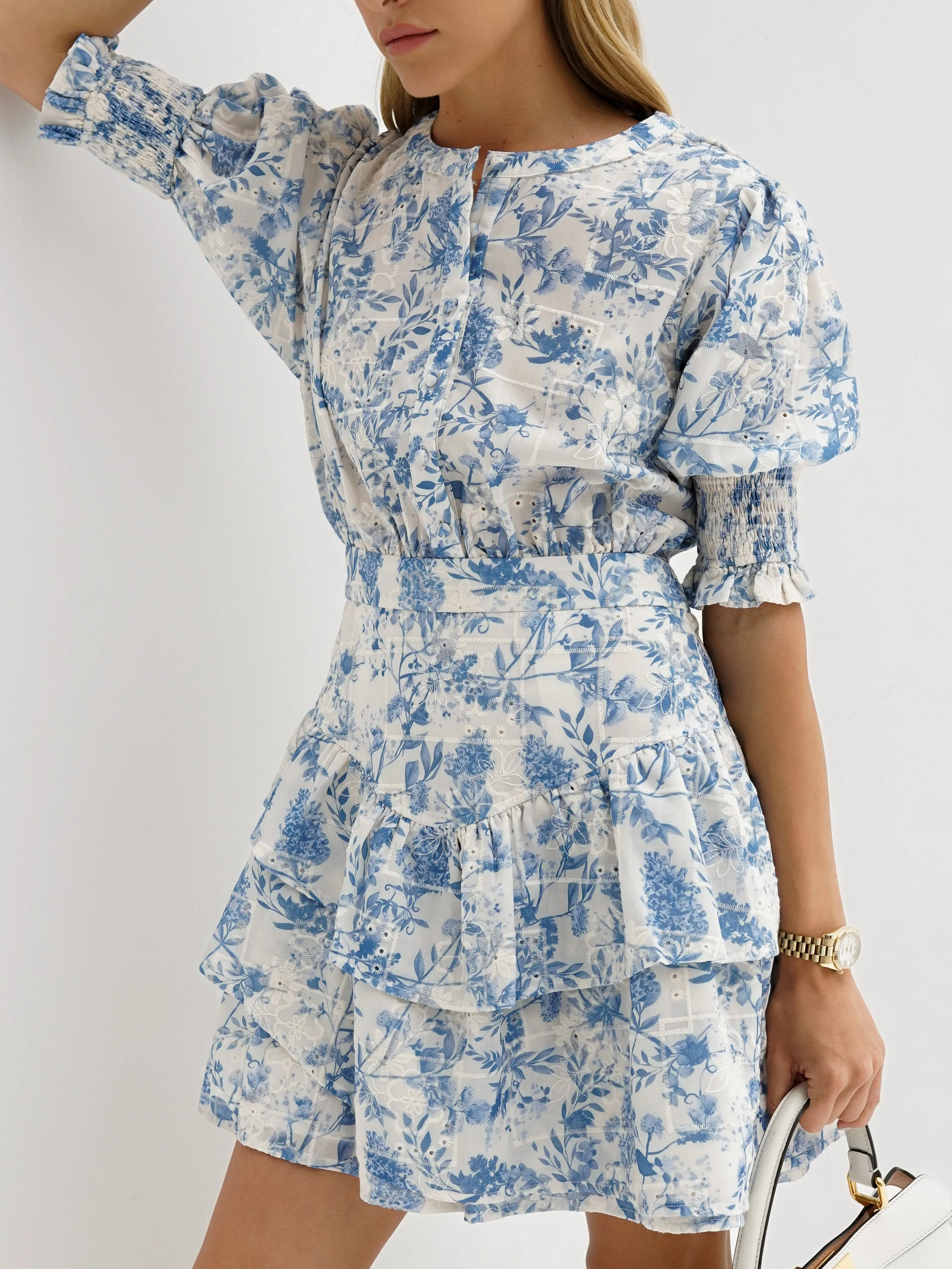 Emily Cotton Tiered Dress | Blue Mix