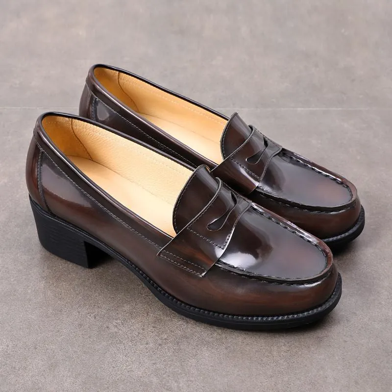 Enamel leather Penny Loafers Handmade Uniform Shoes Black/Brown 4.5cm Heel