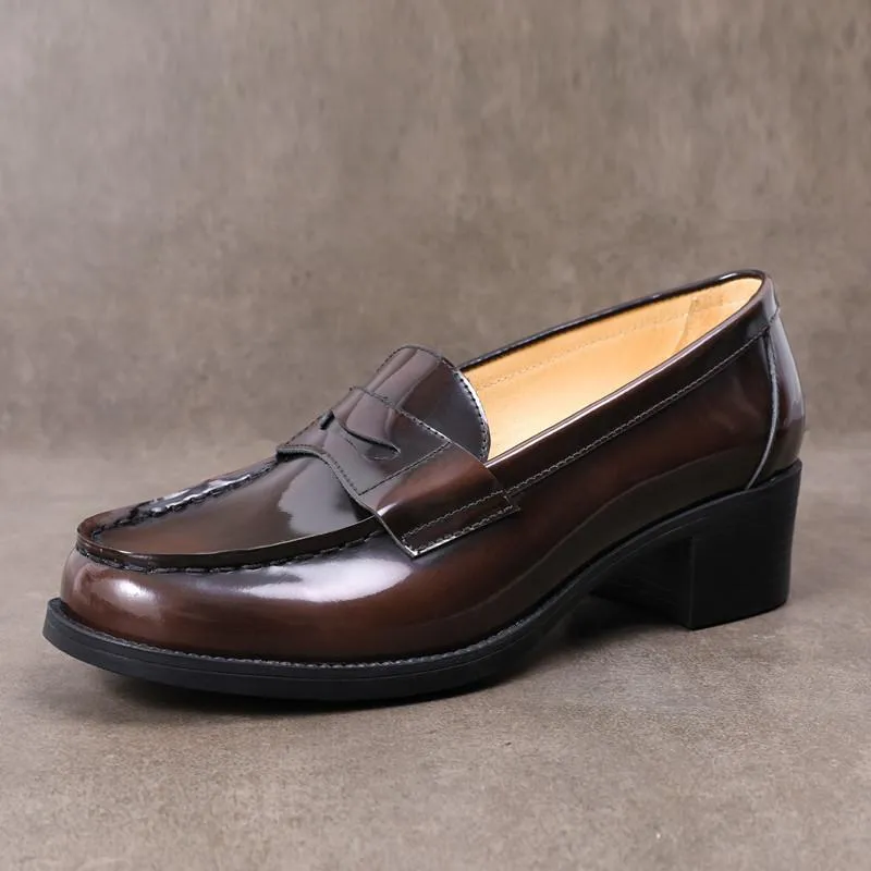 Enamel leather Penny Loafers Handmade Uniform Shoes Black/Brown 4.5cm Heel