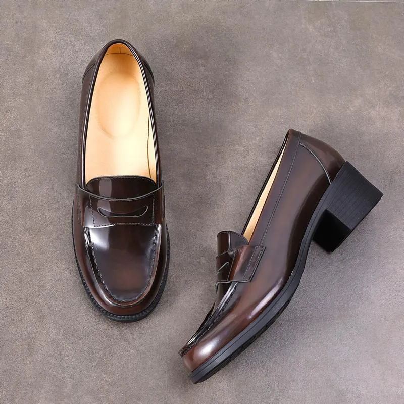 Enamel leather Penny Loafers Handmade Uniform Shoes Black/Brown 4.5cm Heel