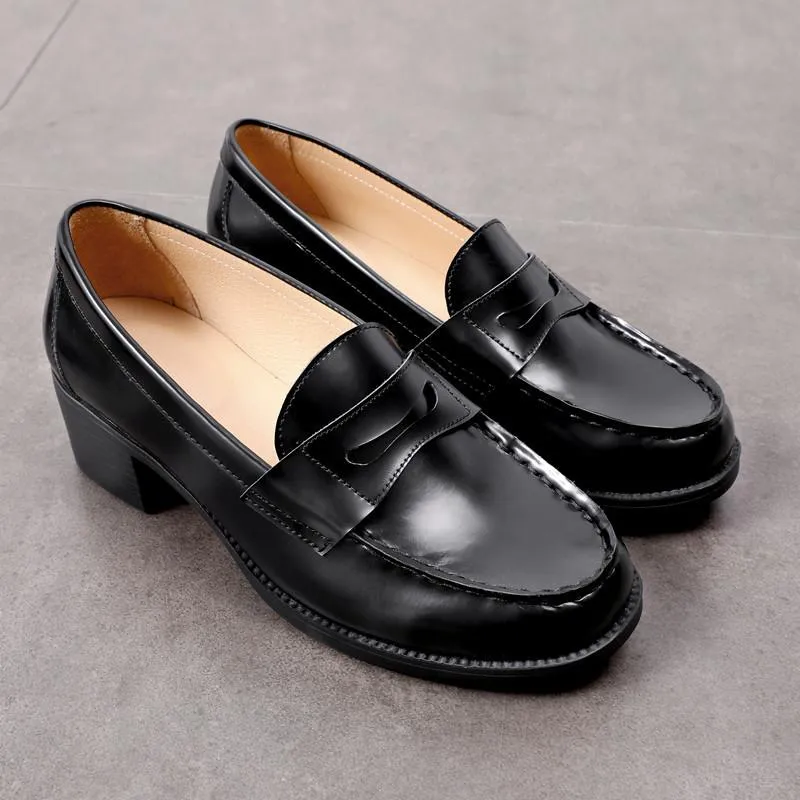 Enamel leather Penny Loafers Handmade Uniform Shoes Black/Brown 4.5cm Heel