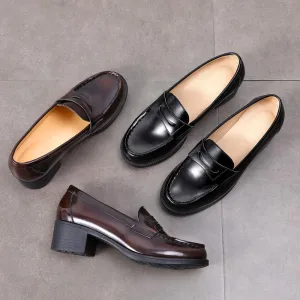 Enamel leather Penny Loafers Handmade Uniform Shoes Black/Brown 4.5cm Heel