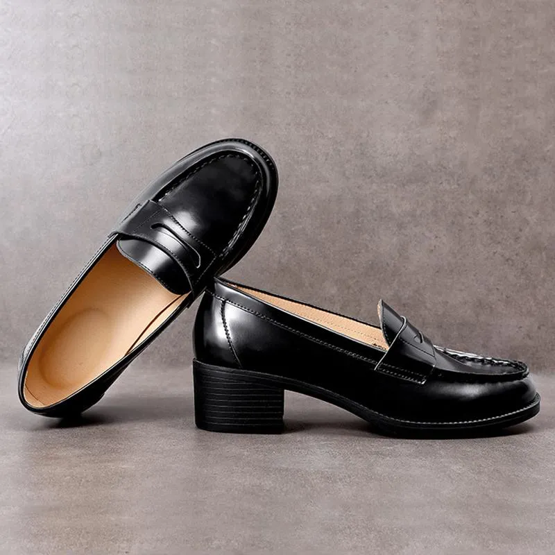 Enamel leather Penny Loafers Handmade Uniform Shoes Black/Brown 4.5cm Heel