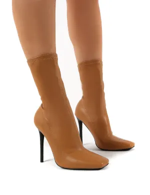 Everything Camel Square Toe Sock Fit Stiletto Heeled Ankle Boot