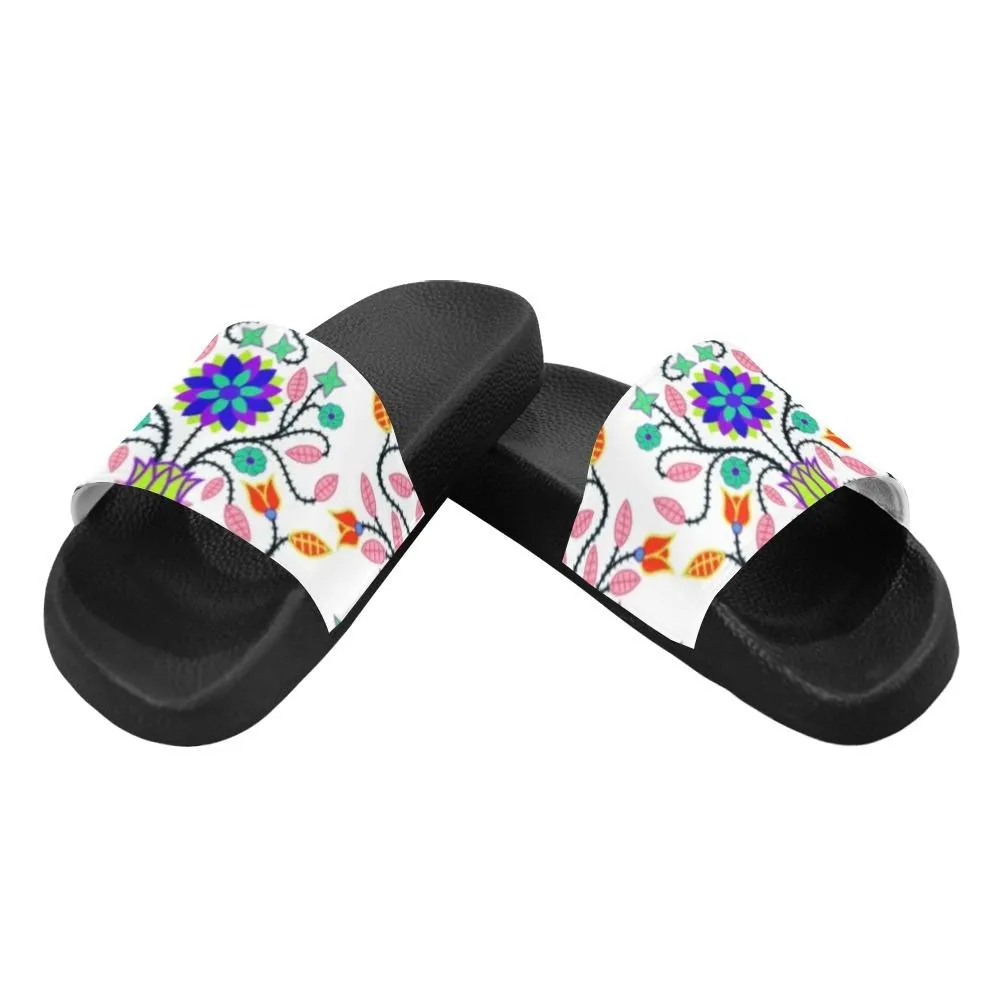 Floral Beadwork Four Clans White Women's Slide Sandals