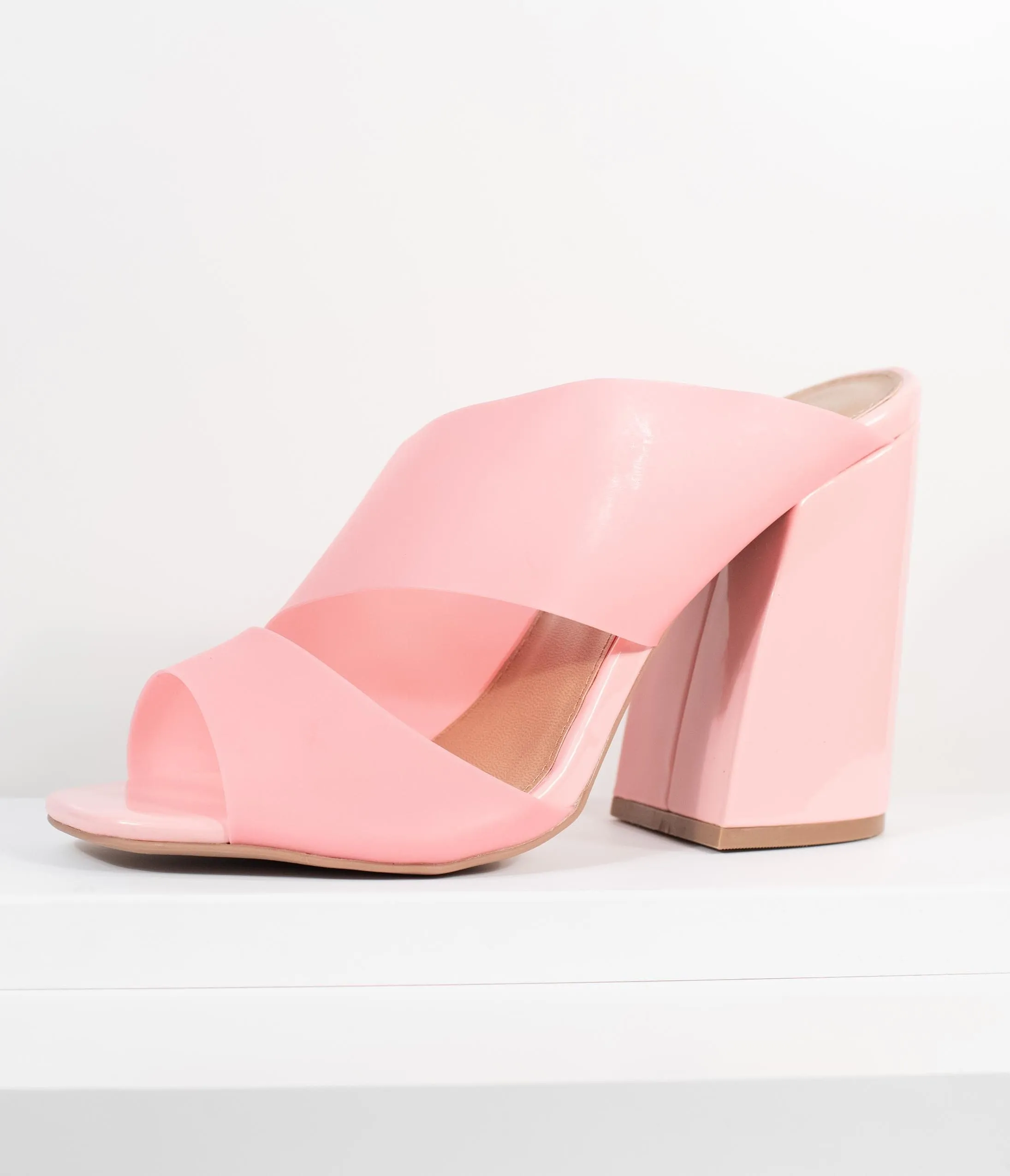 Frosted Pink Vinyl Peep Toe Mule Heels