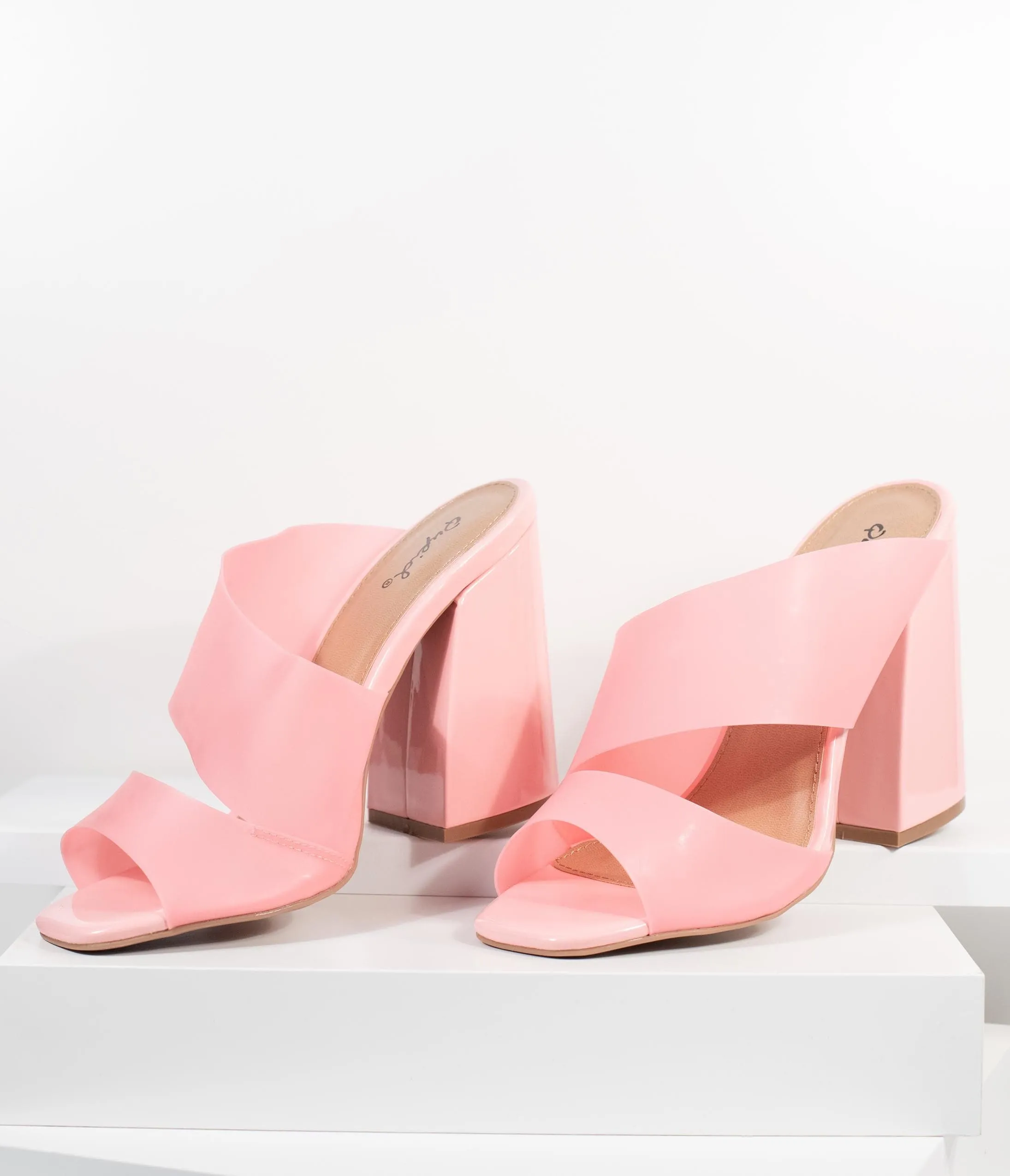 Frosted Pink Vinyl Peep Toe Mule Heels