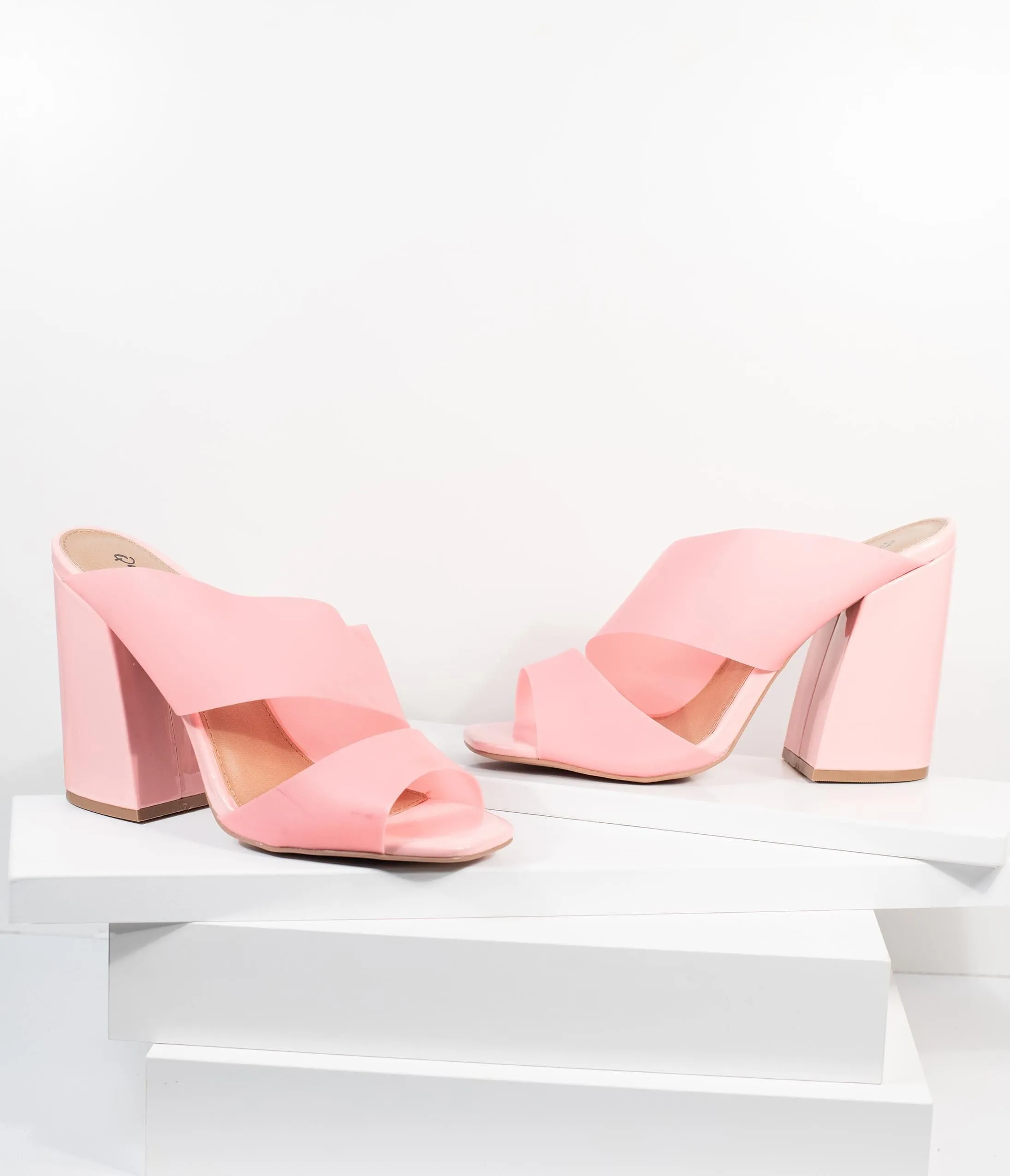 Frosted Pink Vinyl Peep Toe Mule Heels