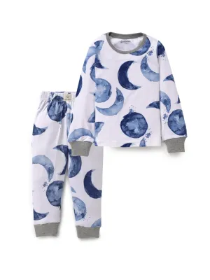 Full sleeve blue moon pattern in white pajama set for baby