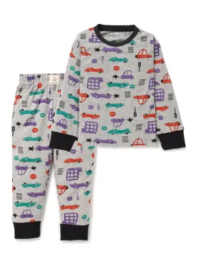 Full sleeve toy car graphic pattern in white pajama set for baby