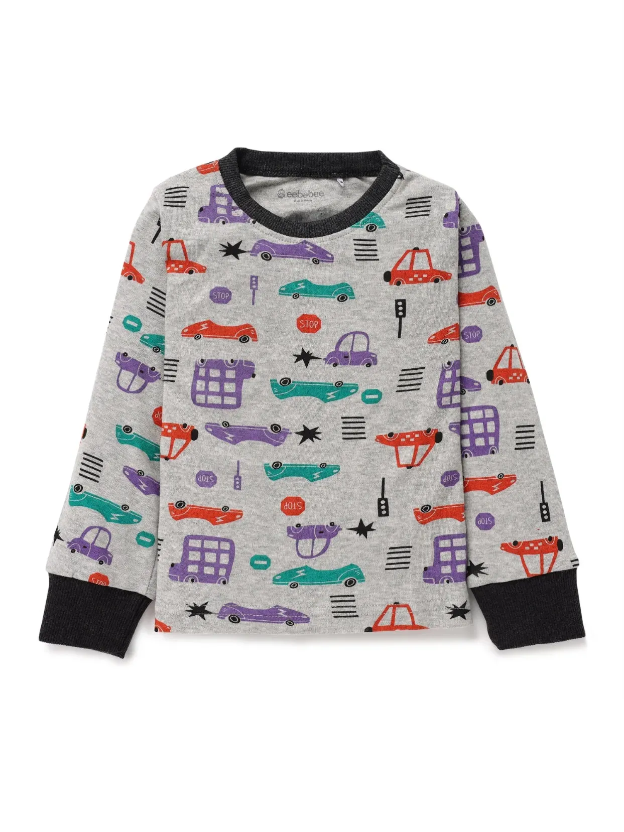 Full sleeve toy car graphic pattern in white pajama set for baby