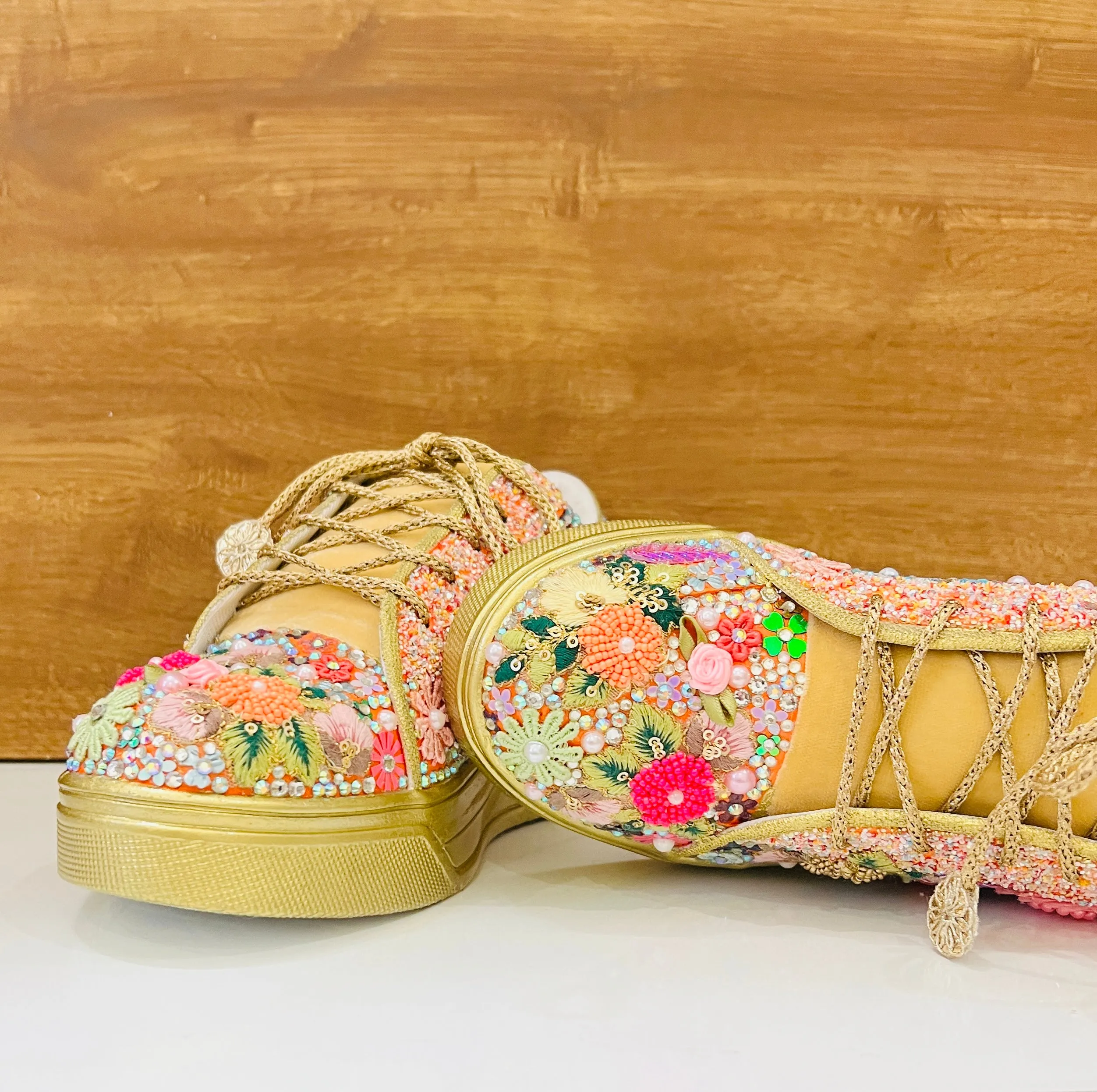 FUNKY N TRENDY fully hand crafted floral work with beads rhinestones cutdana etc /bridal sneakers / bridesmaid sneakers/ floral sneakers /colorful sneakers /bridal shoes / haldi mahendi shoes/ gold sneakers