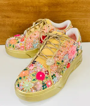 FUNKY N TRENDY fully hand crafted floral work with beads rhinestones cutdana etc /bridal sneakers / bridesmaid sneakers/ floral sneakers /colorful sneakers /bridal shoes / haldi mahendi shoes/ gold sneakers