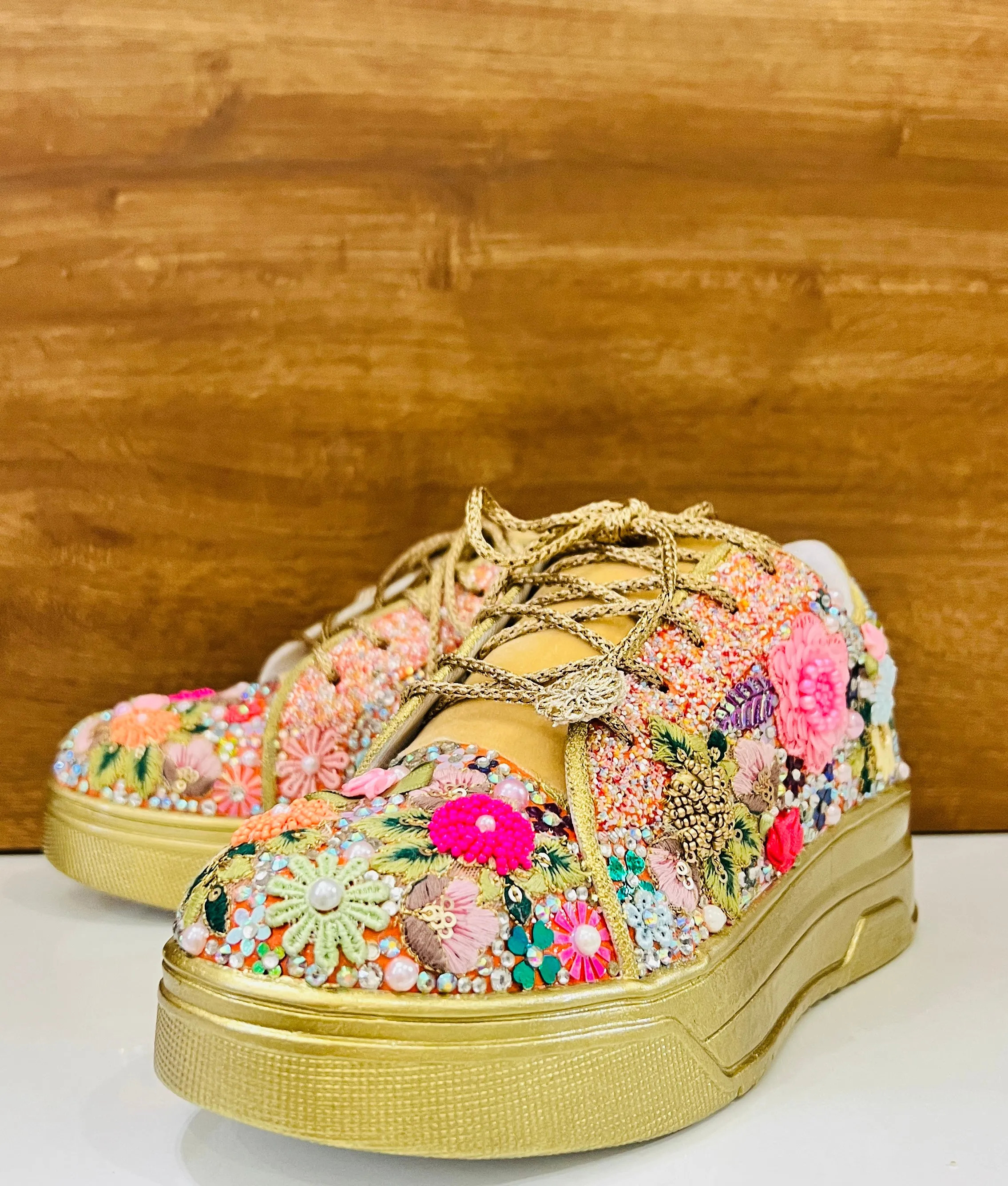 FUNKY N TRENDY fully hand crafted floral work with beads rhinestones cutdana etc /bridal sneakers / bridesmaid sneakers/ floral sneakers /colorful sneakers /bridal shoes / haldi mahendi shoes/ gold sneakers