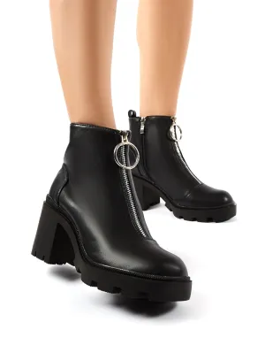 Gospel Black PU Zip Up Chunky Heeled Ankle Boots