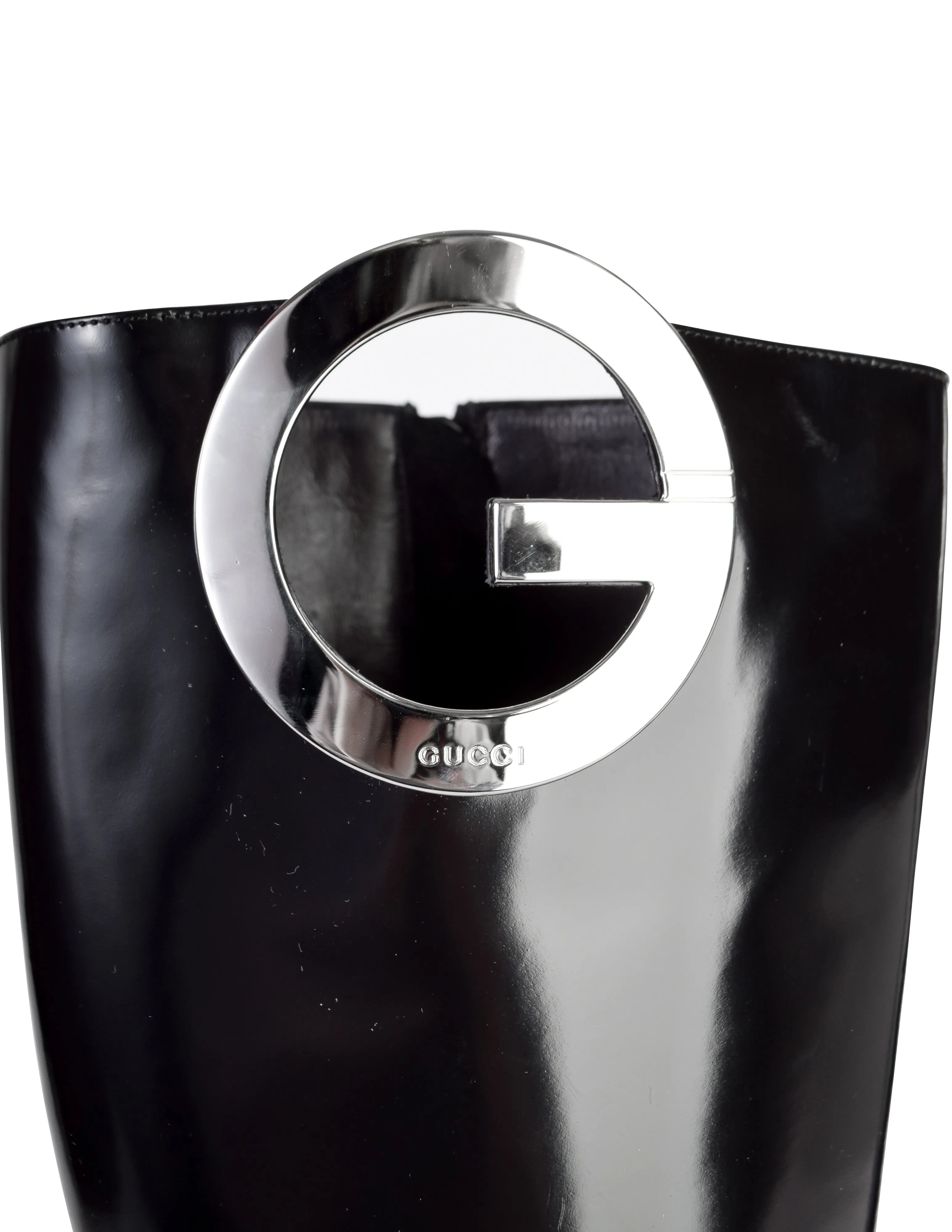 Gucci Vintage by Tom Ford 1996 Black Patent Leather Silver G Logo Boots